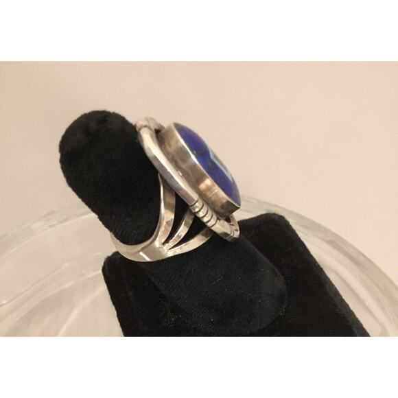 Vintage Gilbert Nelson Navajo Sterling Lapis/Turquoise/Onyx Inlay Ring Sz 5.5 - Picture 6 of 8